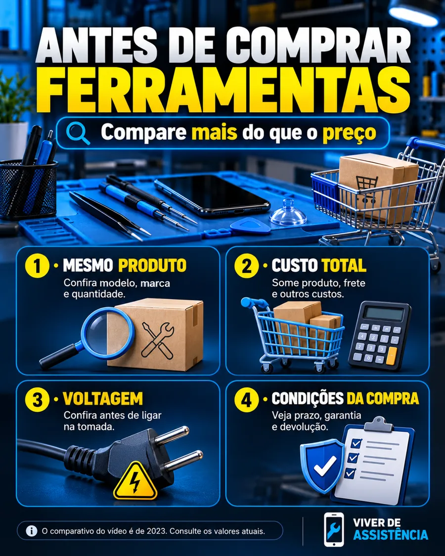 Antes de comprar ferramentas para conserto de celular, compare modelo, custo total, voltagem e condições da compra.