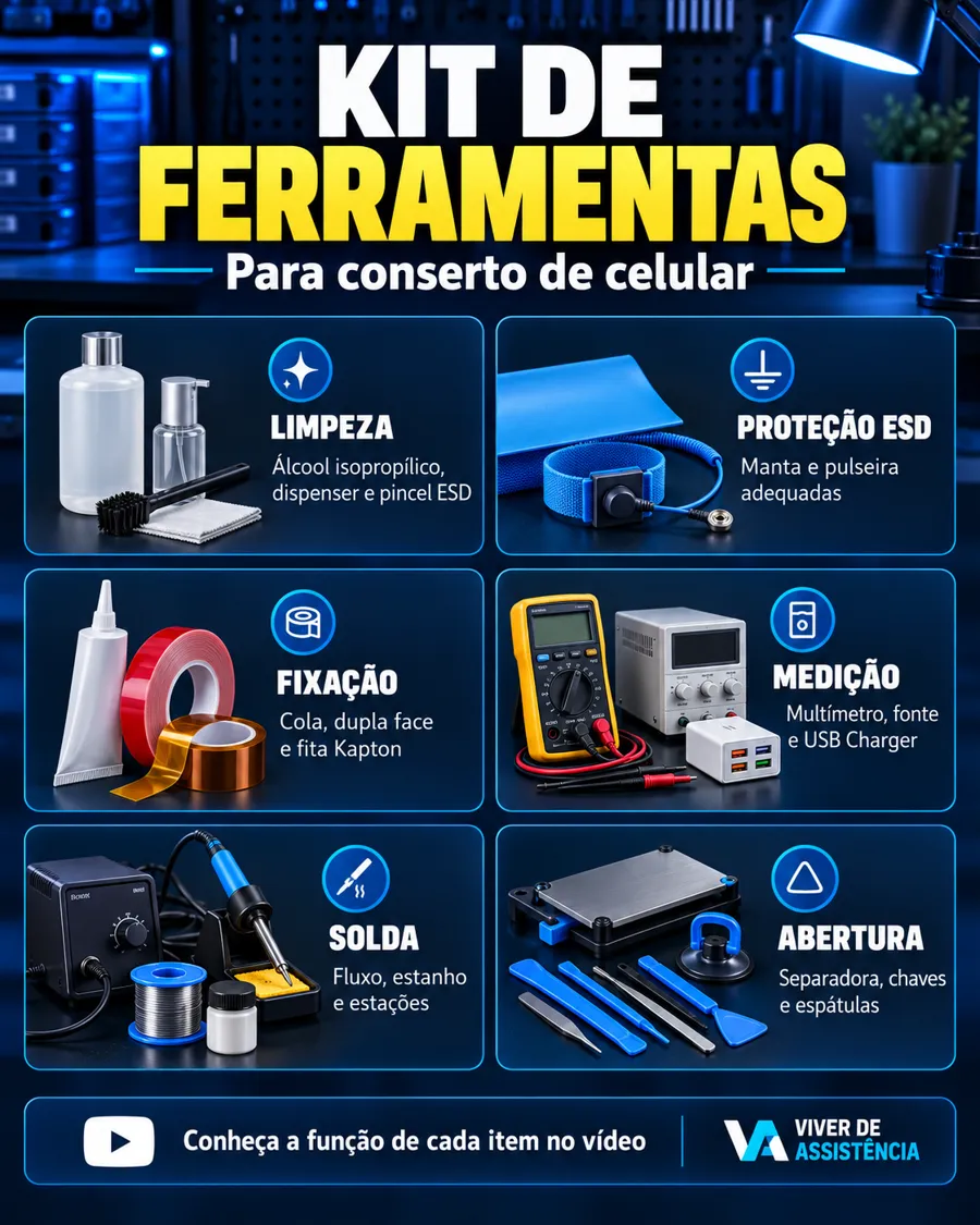 Kit de ferramentas para conserto de celular organizado em limpeza, proteção ESD, fixação, medição, solda e abertura.
