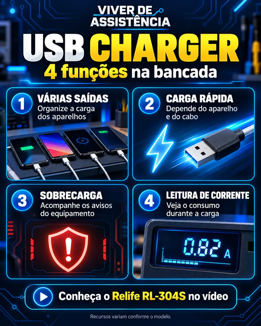 Para que serve o USB Charger: várias saídas, carga rápida compatível, aviso de sobrecarga e leitura de corrente no review do Relife RL-304S.