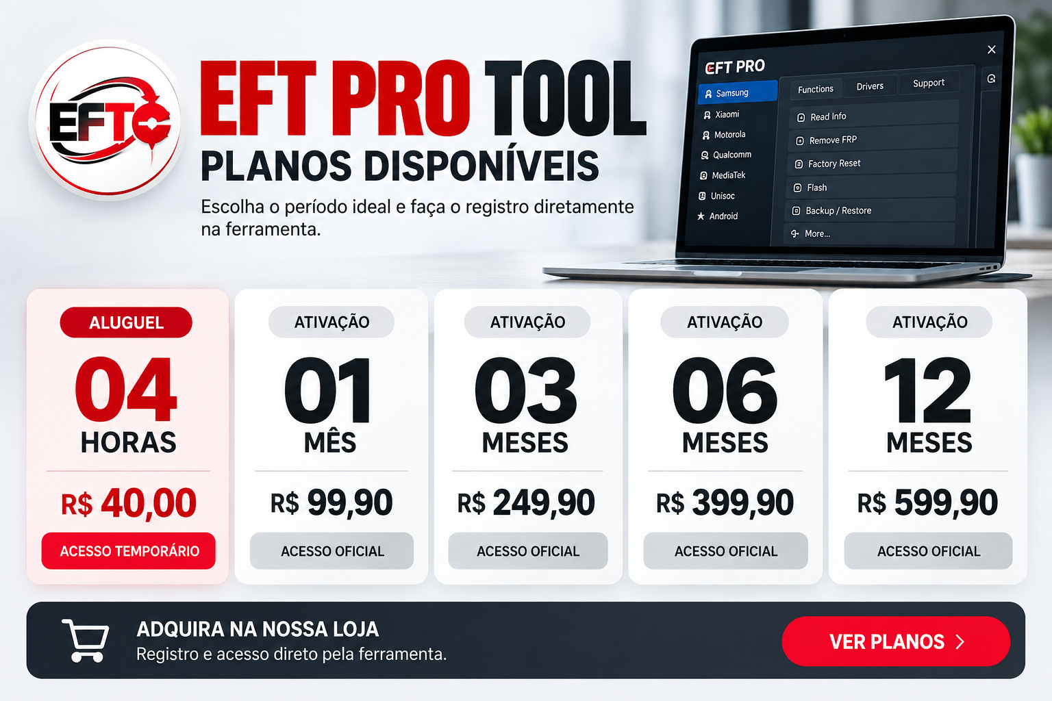 Planos disponíveis EFT Pro Tool: aluguel 4 horas e ativações de 1, 3, 6 e 12 meses